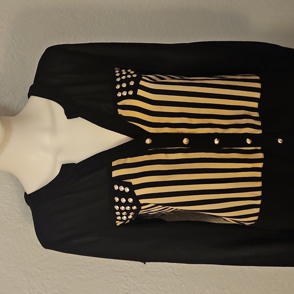 Vtg UNO CORE 1990s Black and Tan Striped Studded Chiffon Button Down Blouse - Picture 4 of 7